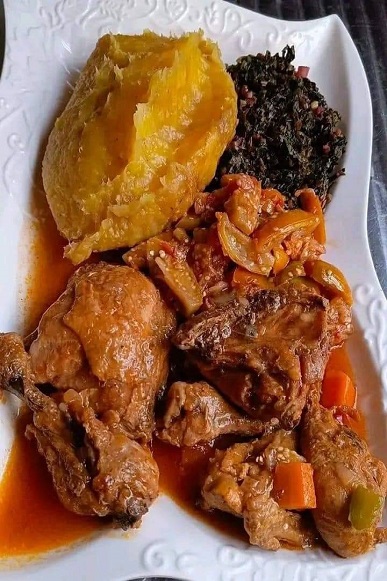 Matooke, Chicken and Greens